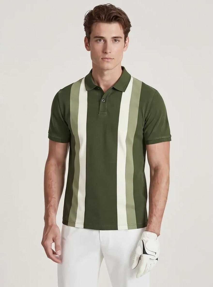 Men Olive Striped Polo Collar T-shirt