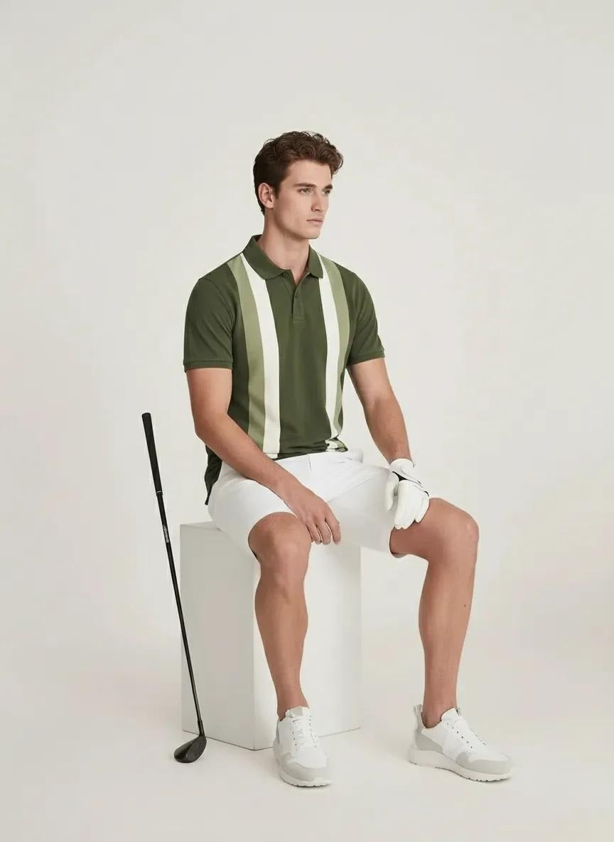 Men Olive Striped Polo Collar T-shirt