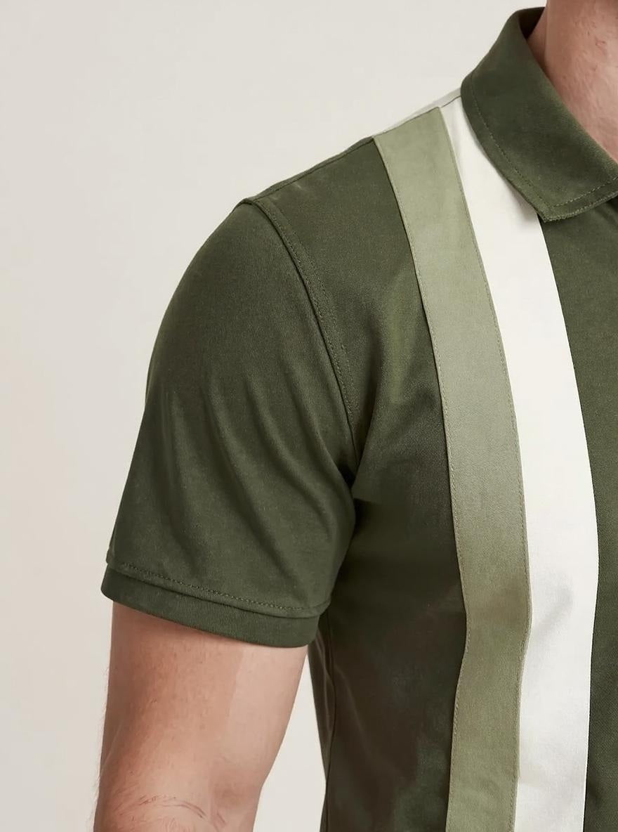 Men Olive Striped Polo Collar T-shirt