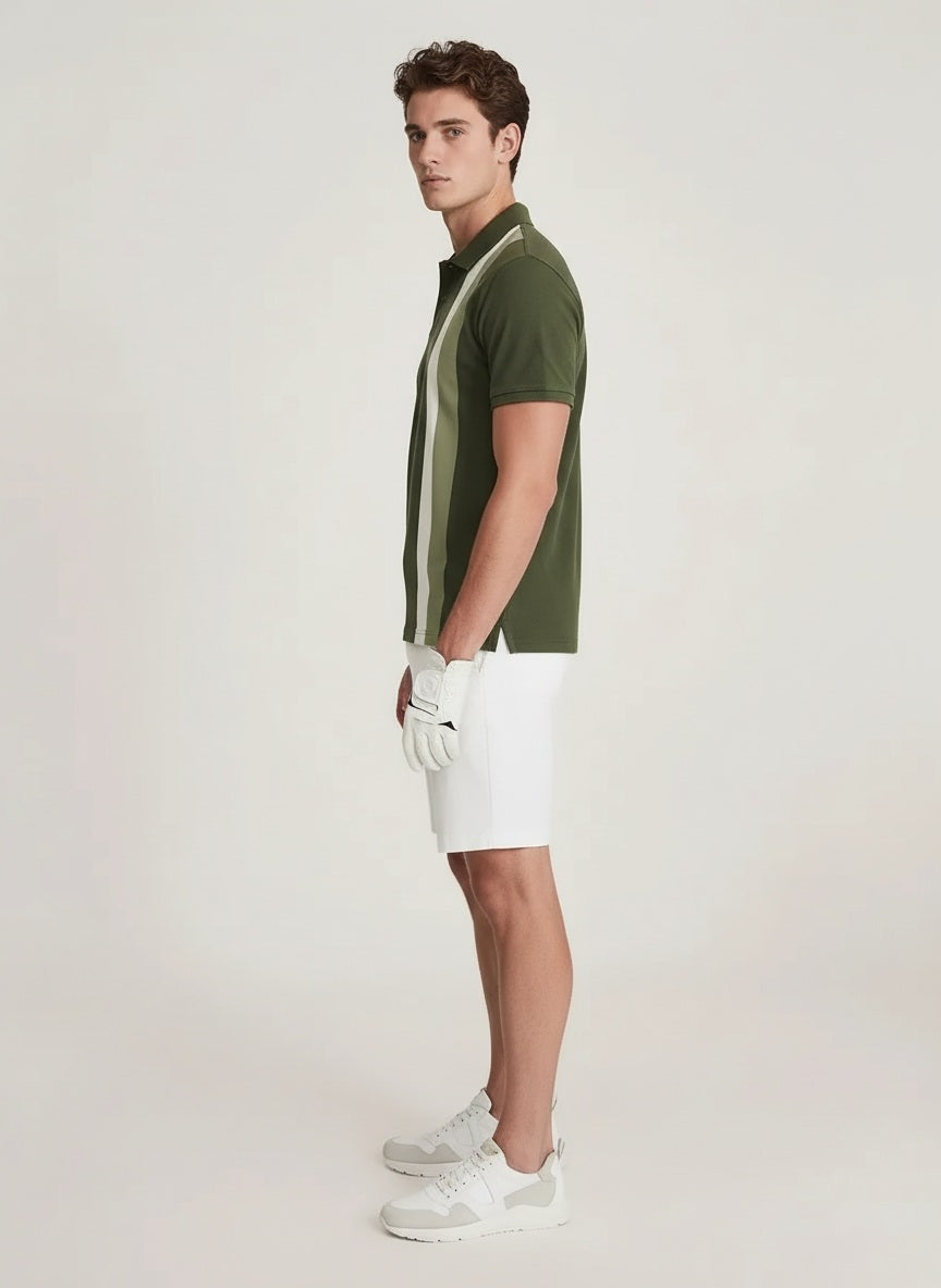 Men Olive Striped Polo Collar T-shirt