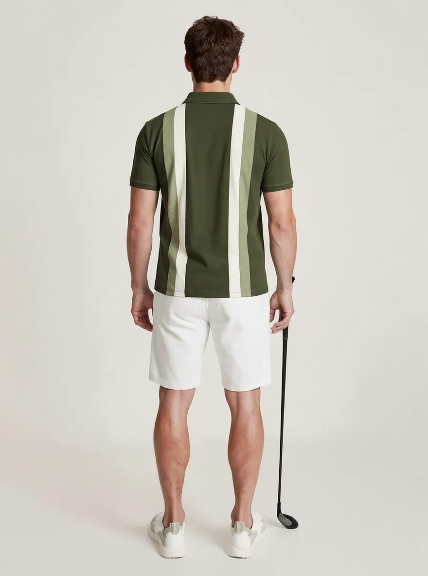 Men Olive Striped Polo Collar T-shirt