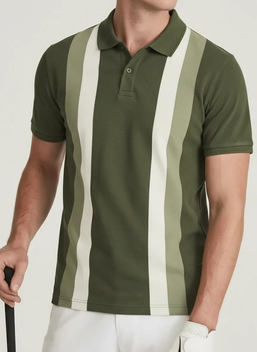 Men Olive Striped Polo Collar T-shirt