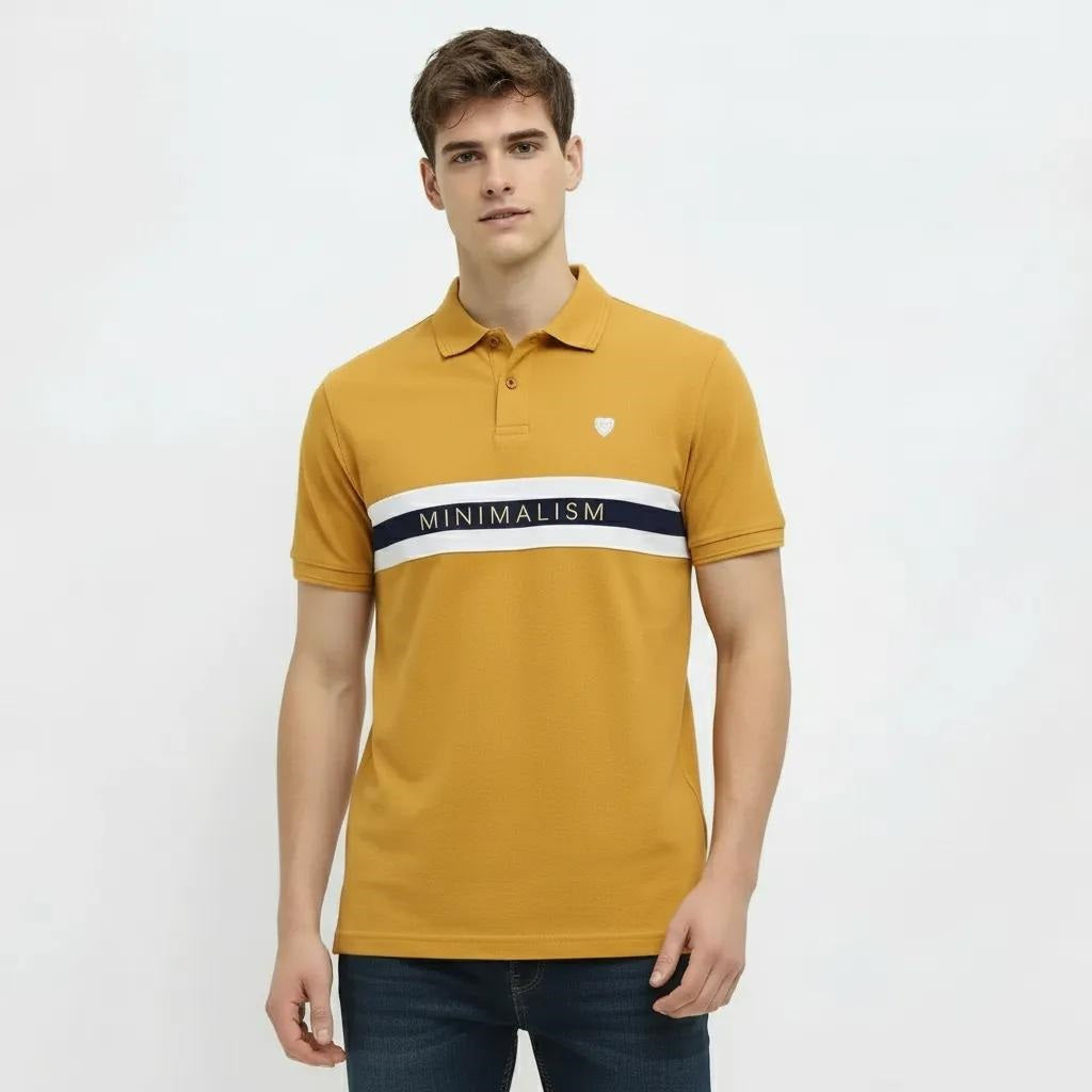 Men Mustard Striped Polo Collar T-shirt