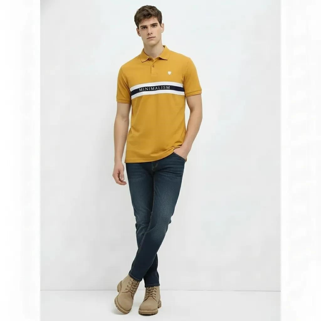 Men Mustard Striped Polo Collar T-shirt