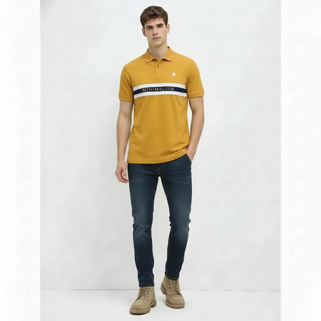 Men Mustard Striped Polo Collar T-shirt