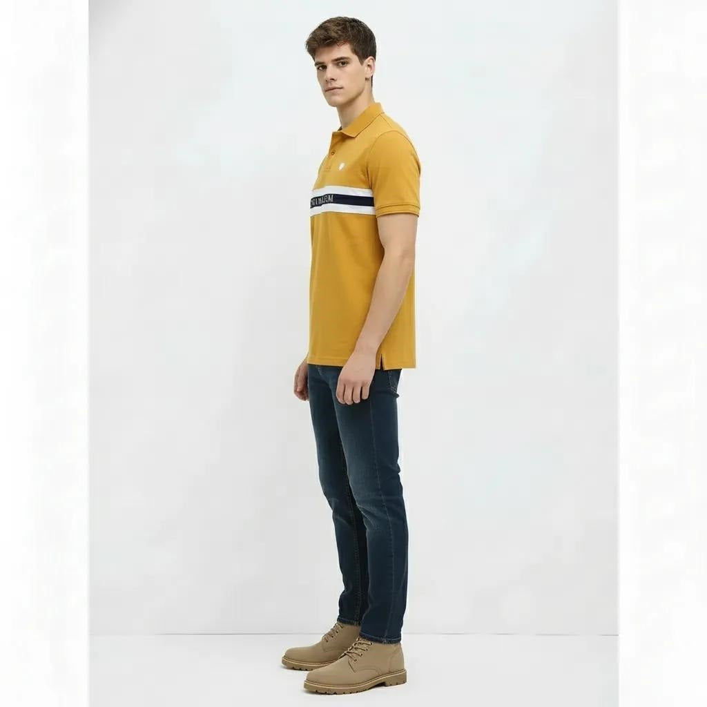 Men Mustard Striped Polo Collar T-shirt