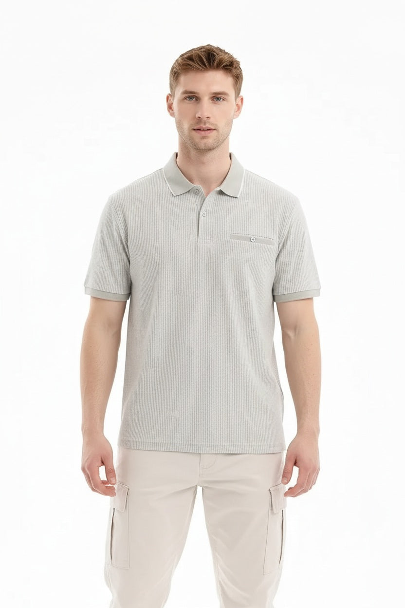 Men Linen Striped Polo Collar T-shirt