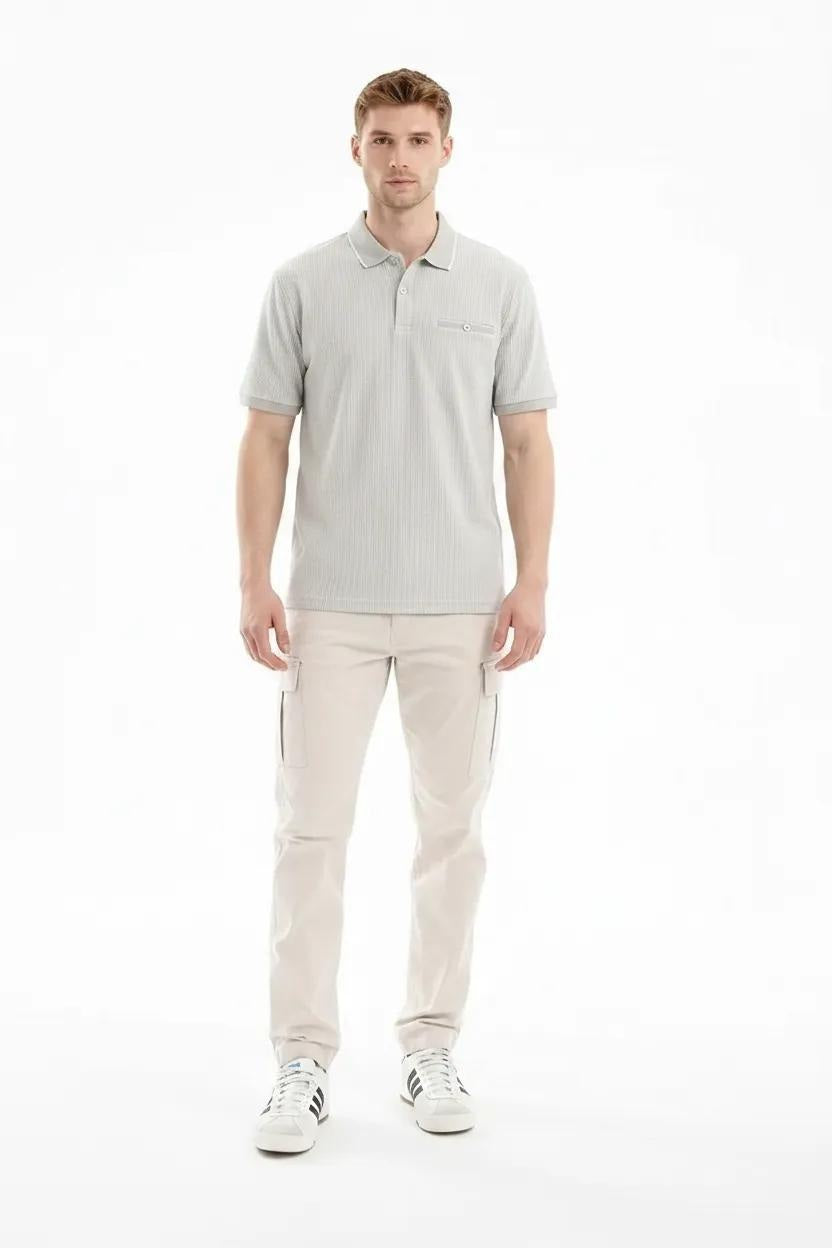 Men Linen Striped Polo Collar T-shirt
