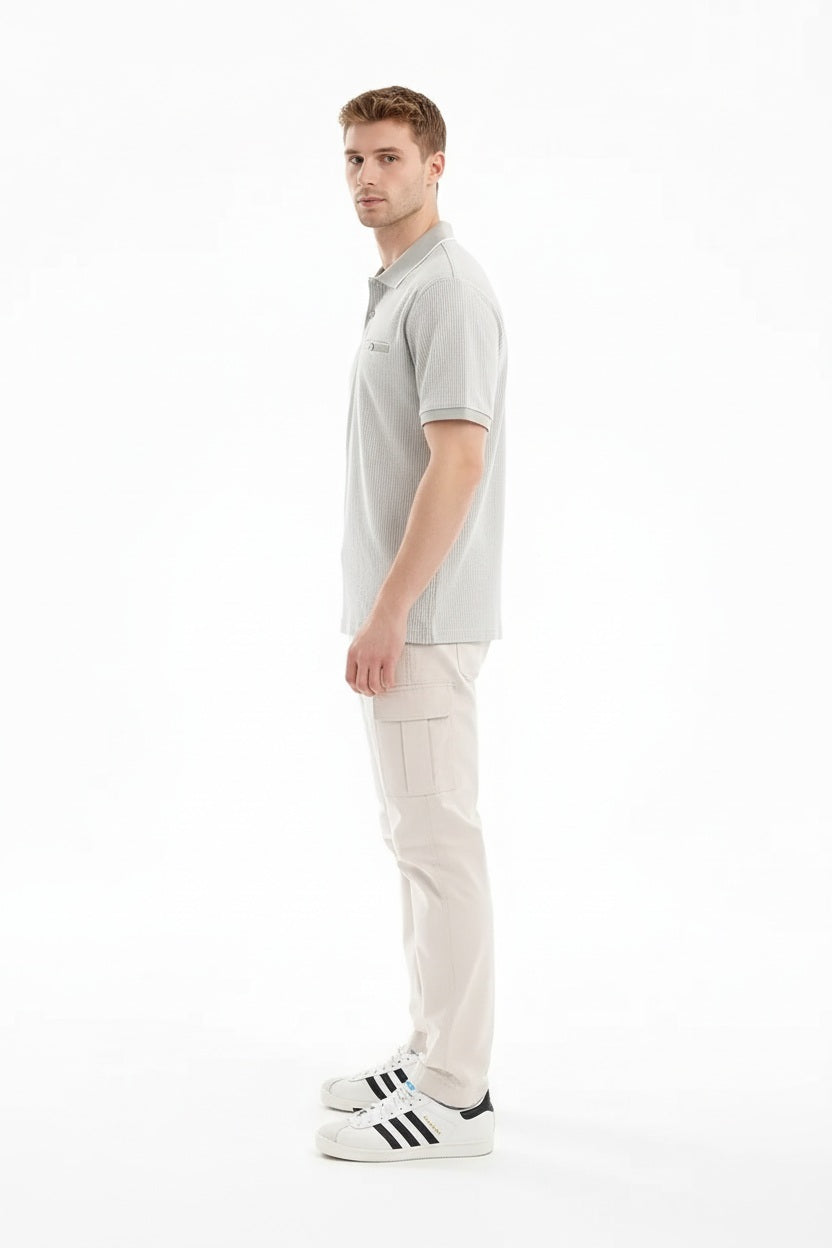 Men Linen Striped Polo Collar T-shirt