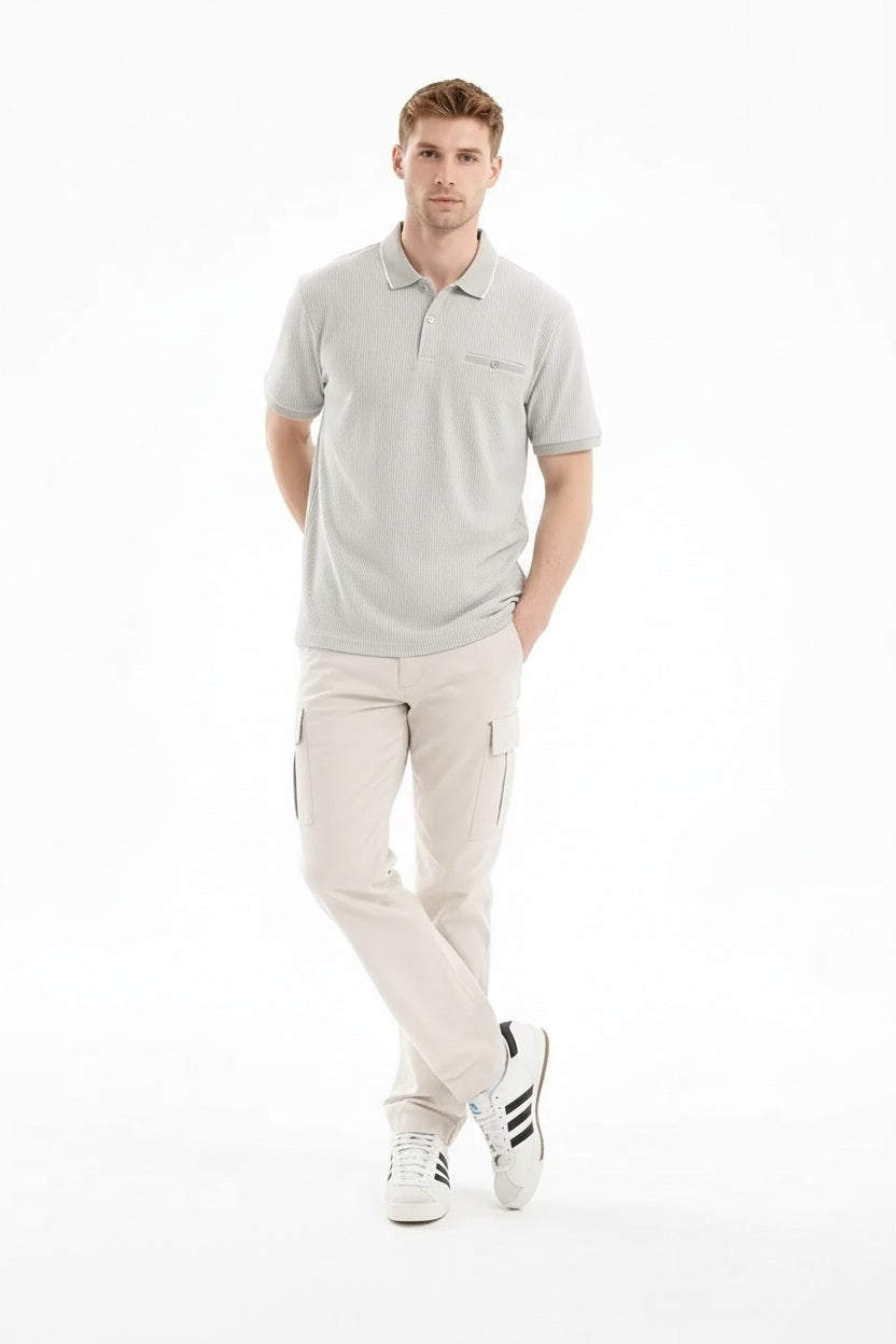 Men Linen Striped Polo Collar T-shirt