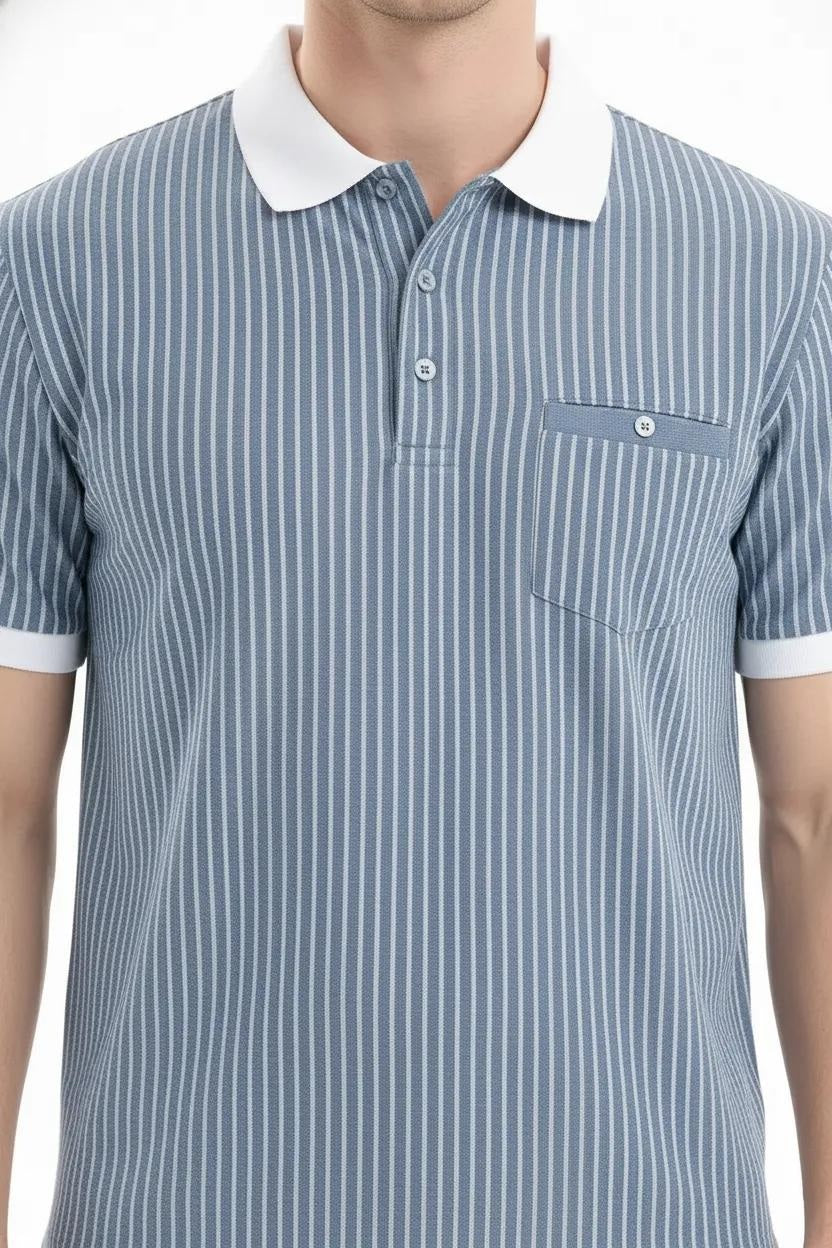 Men Sky Striped Polo Collar T-shirt
