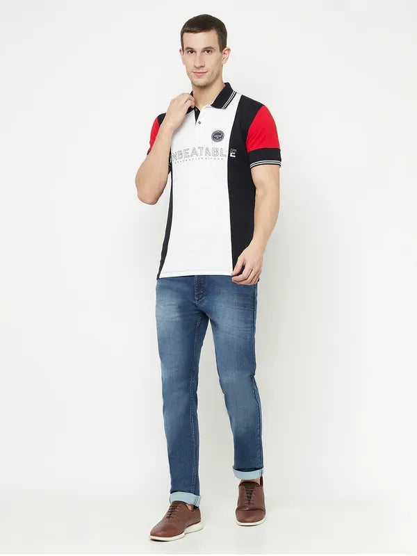 Octave Men White Striped Polo Collar Applique T-Shirt