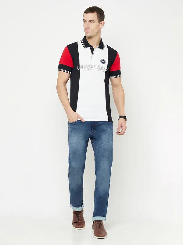 Octave Men White Striped Polo Collar Applique T-Shirt