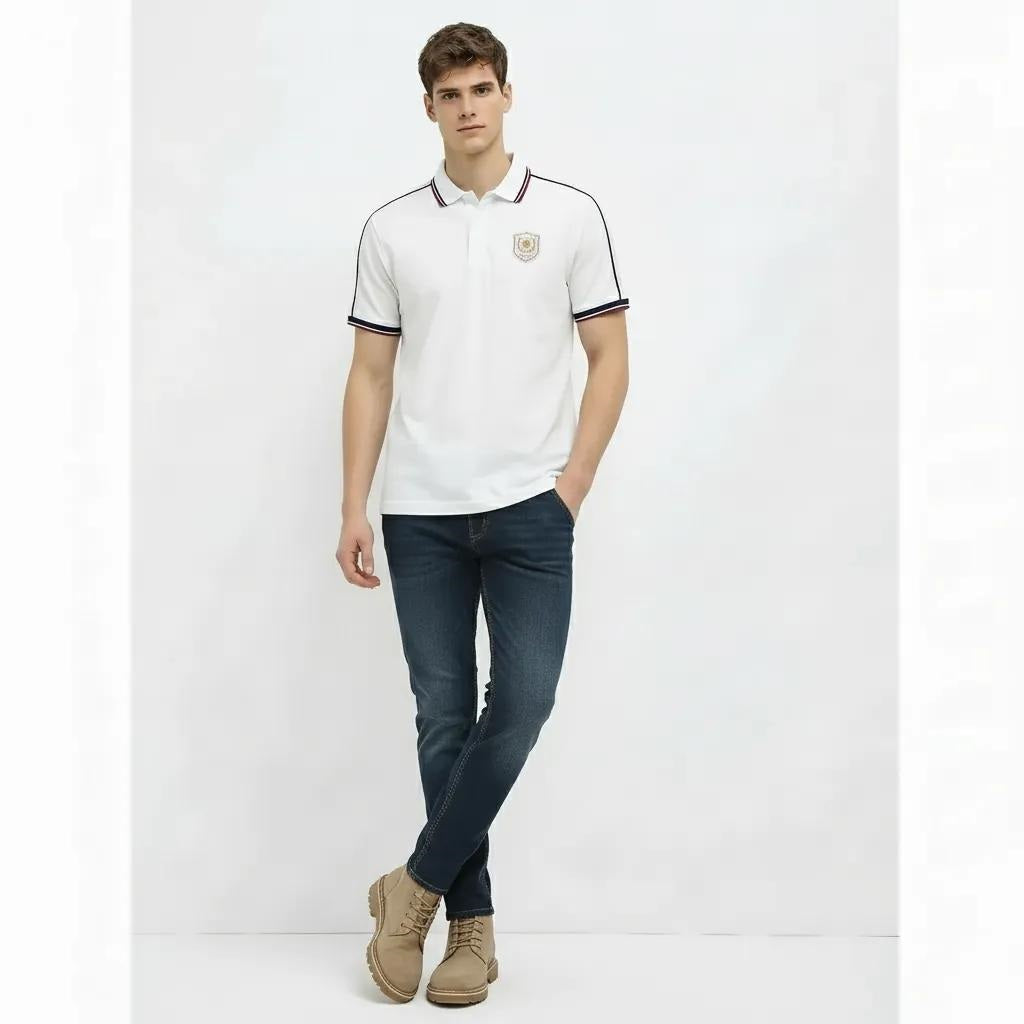Men White Sold Polo Collar T-shirt