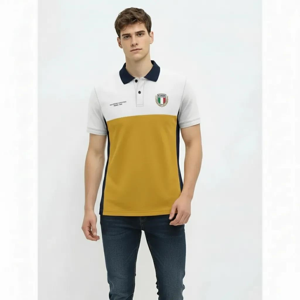 Men Mustard Brand Logo Colourblocked Polo Collar T-shirt