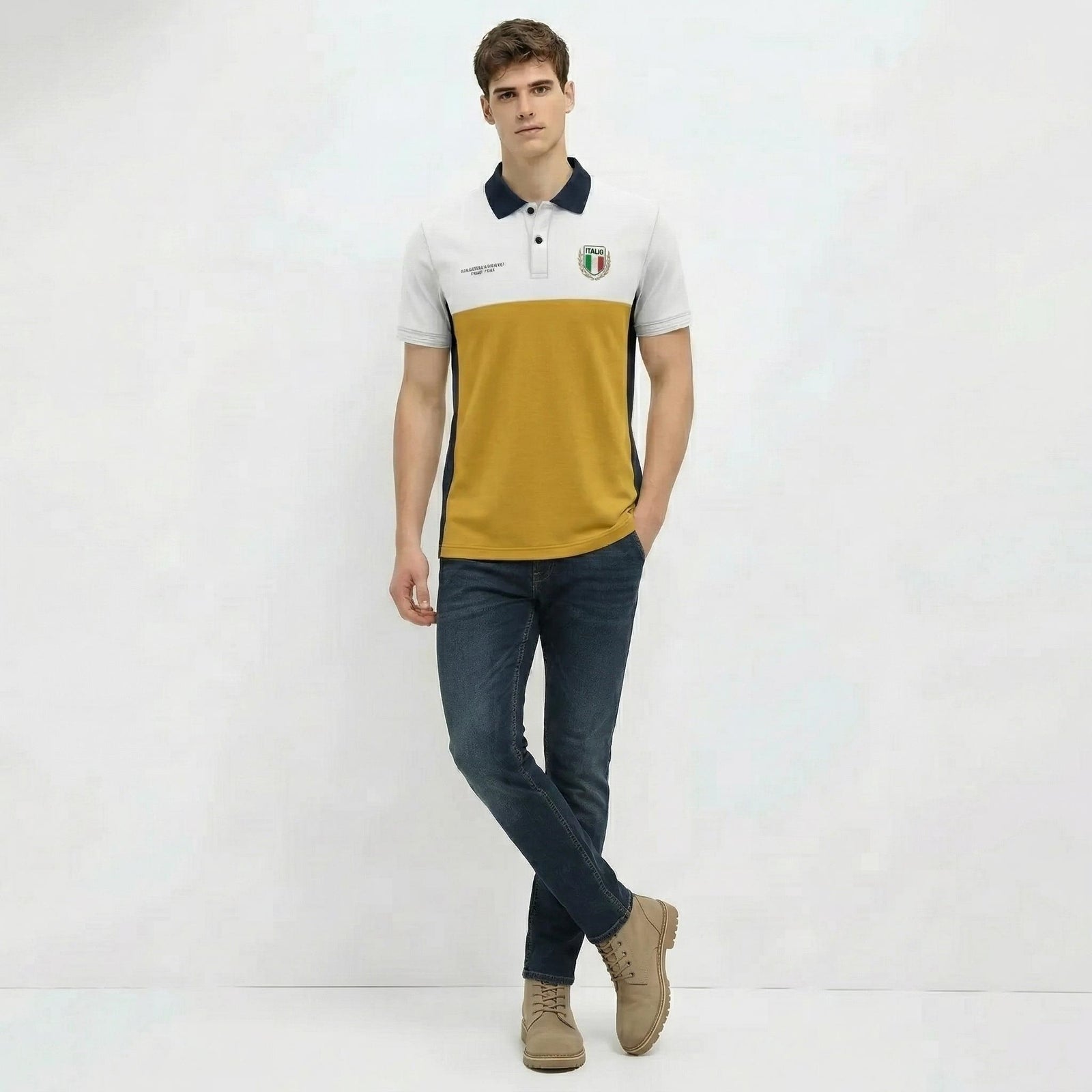 Men Mustard Brand Logo Colourblocked Polo Collar T-shirt