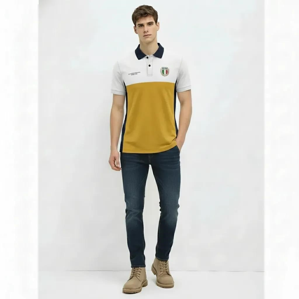 Men Mustard Brand Logo Colourblocked Polo Collar T-shirt