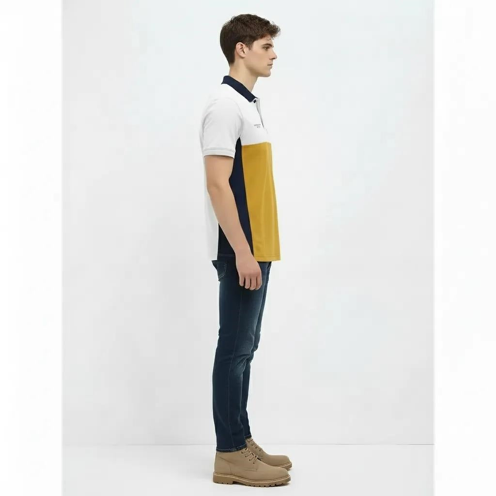 Men Mustard Brand Logo Colourblocked Polo Collar T-shirt