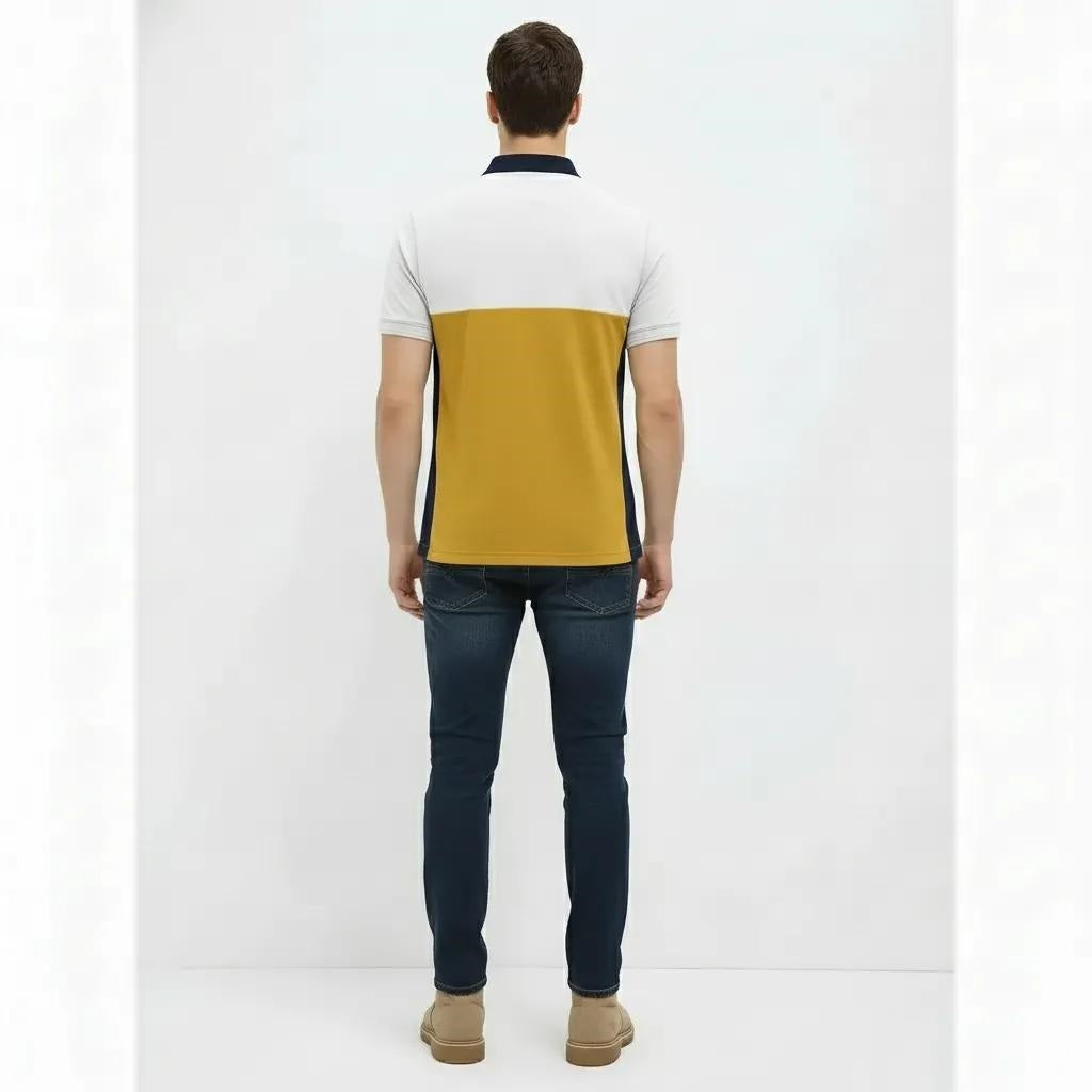 Men Mustard Brand Logo Colourblocked Polo Collar T-shirt