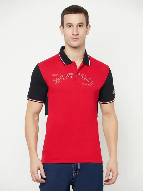 Octave Men Red Colourblocked Polo Collar T-Shirt