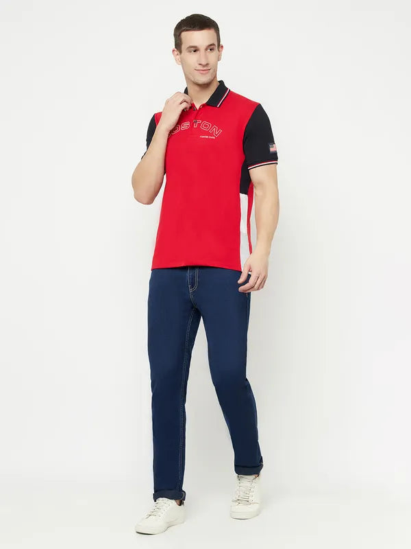 Octave Men Red Colourblocked Polo Collar T-Shirt