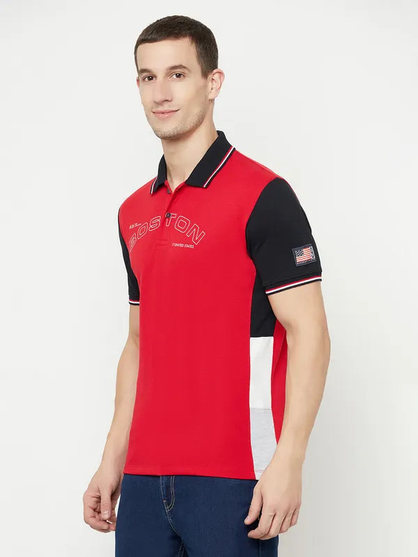 Octave Men Red Colourblocked Polo Collar T-Shirt