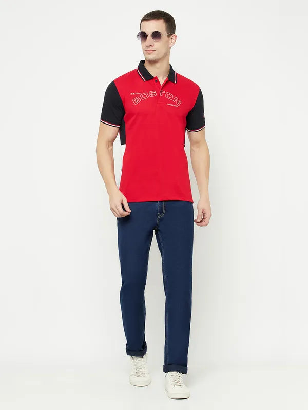 Octave Men Red Colourblocked Polo Collar T-Shirt