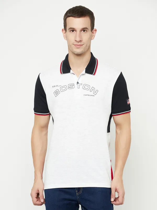 Octave Men White Typography Polo Collar T-Shirt