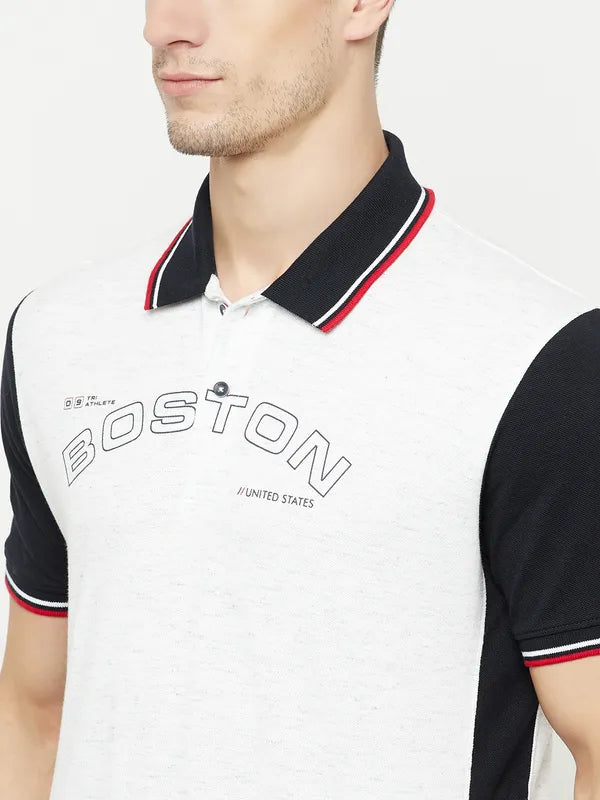 Octave Men White Typography Polo Collar T-Shirt