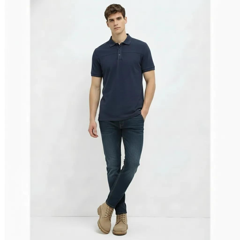 Men Indigo Sold Polo Collar T-shirt
