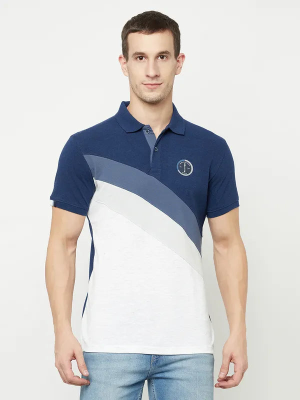 Octave Men Blue Colourblocked Polo Collar Applique T-Shirt