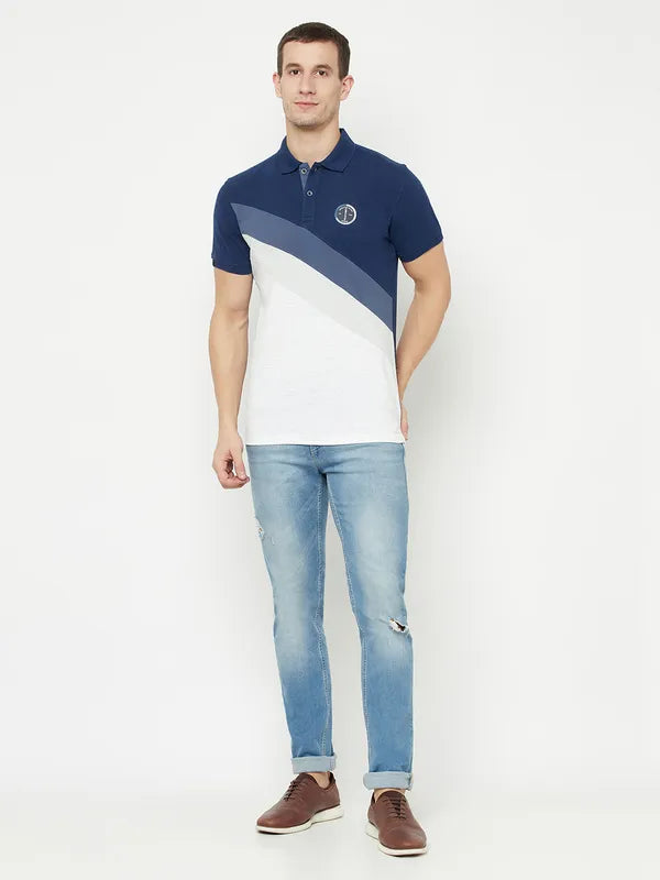 Octave Men Blue Colourblocked Polo Collar Applique T-Shirt