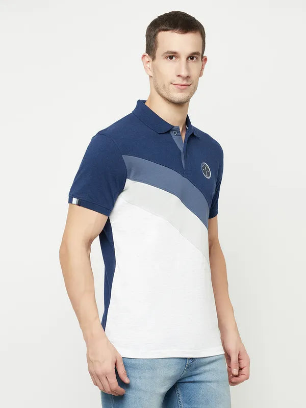 Octave Men Blue Colourblocked Polo Collar Applique T-Shirt