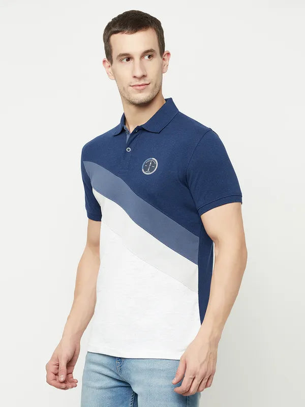 Octave Men Blue Colourblocked Polo Collar Applique T-Shirt