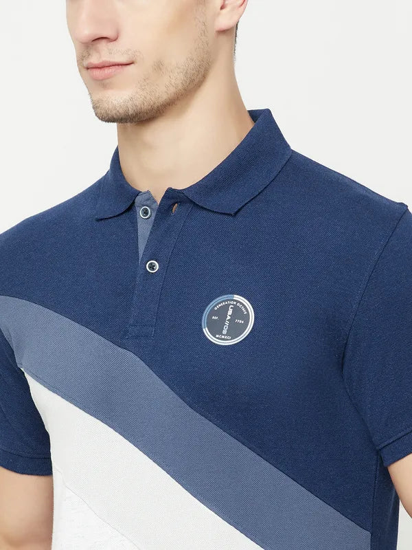 Octave Men Blue Colourblocked Polo Collar Applique T-Shirt