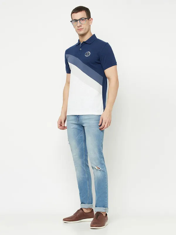 Octave Men Blue Colourblocked Polo Collar Applique T-Shirt