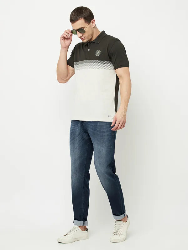 Octave Men Olive Green Colourblocked Polo Collar Applique T-Shirt