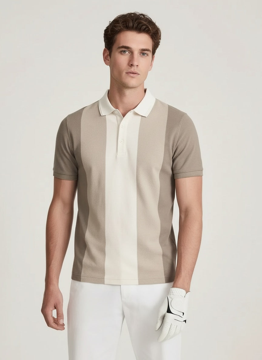 Men Beige Colourblocked Polo Collar T-shirt