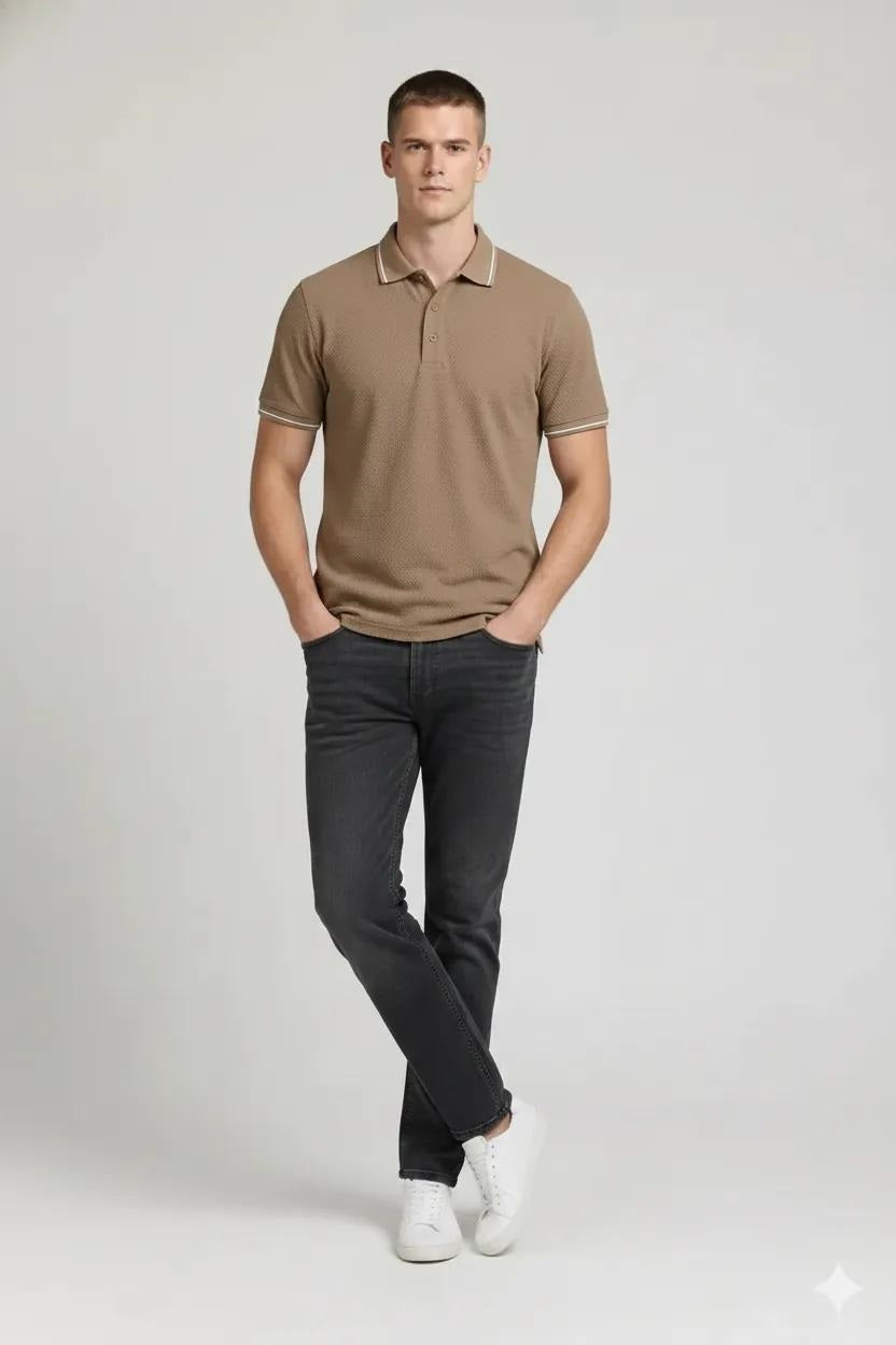 Men Khaki Sold Polo Collar T-shirt