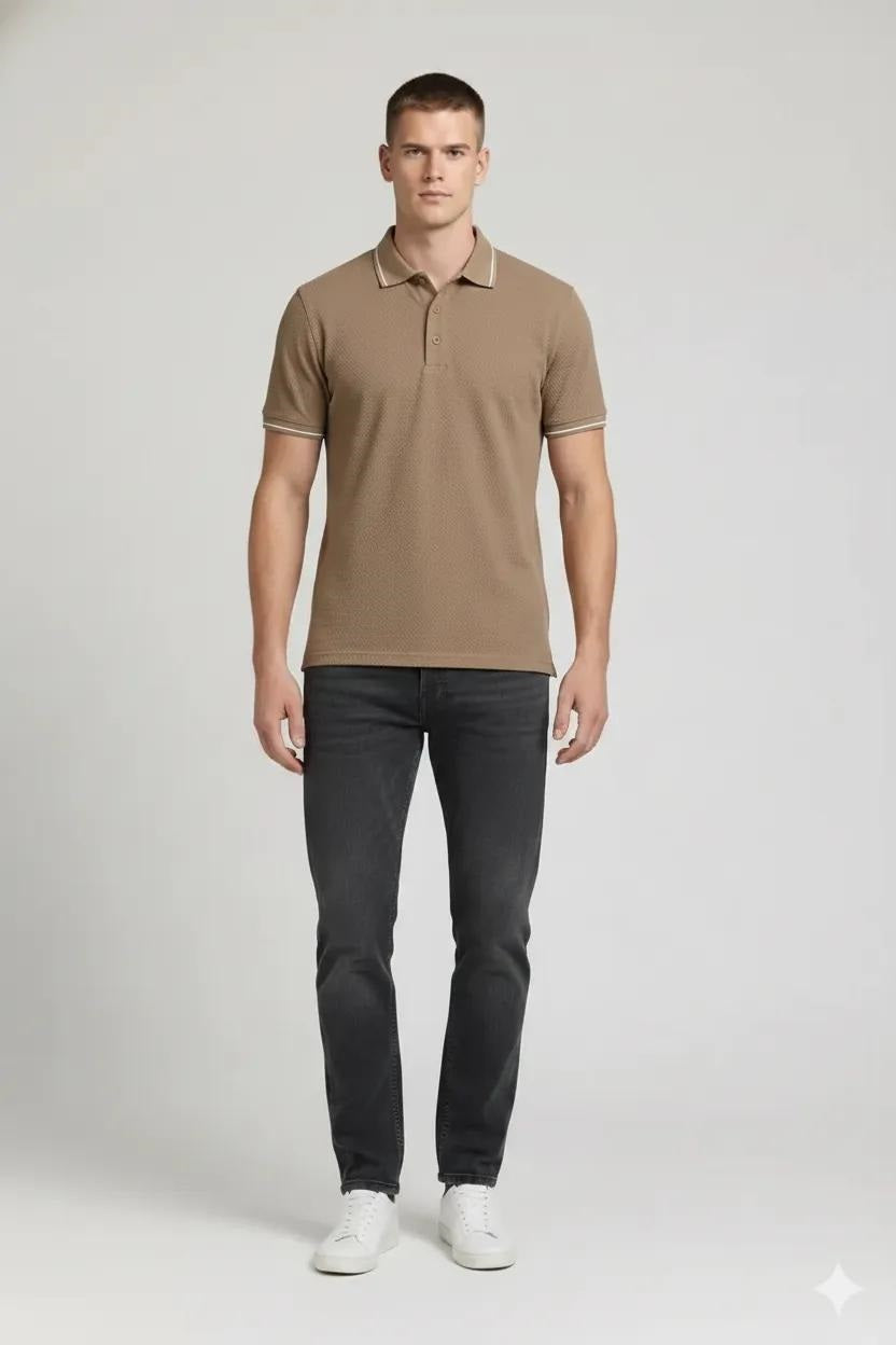 Men Khaki Sold Polo Collar T-shirt