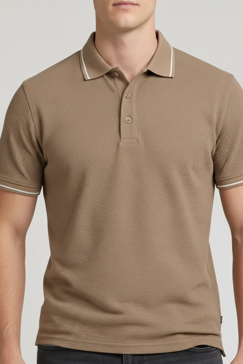 Men Khaki Sold Polo Collar T-shirt