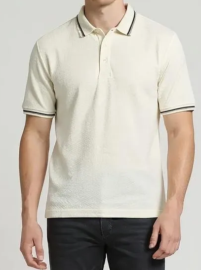 Men Off White Polo Collar T-shirt