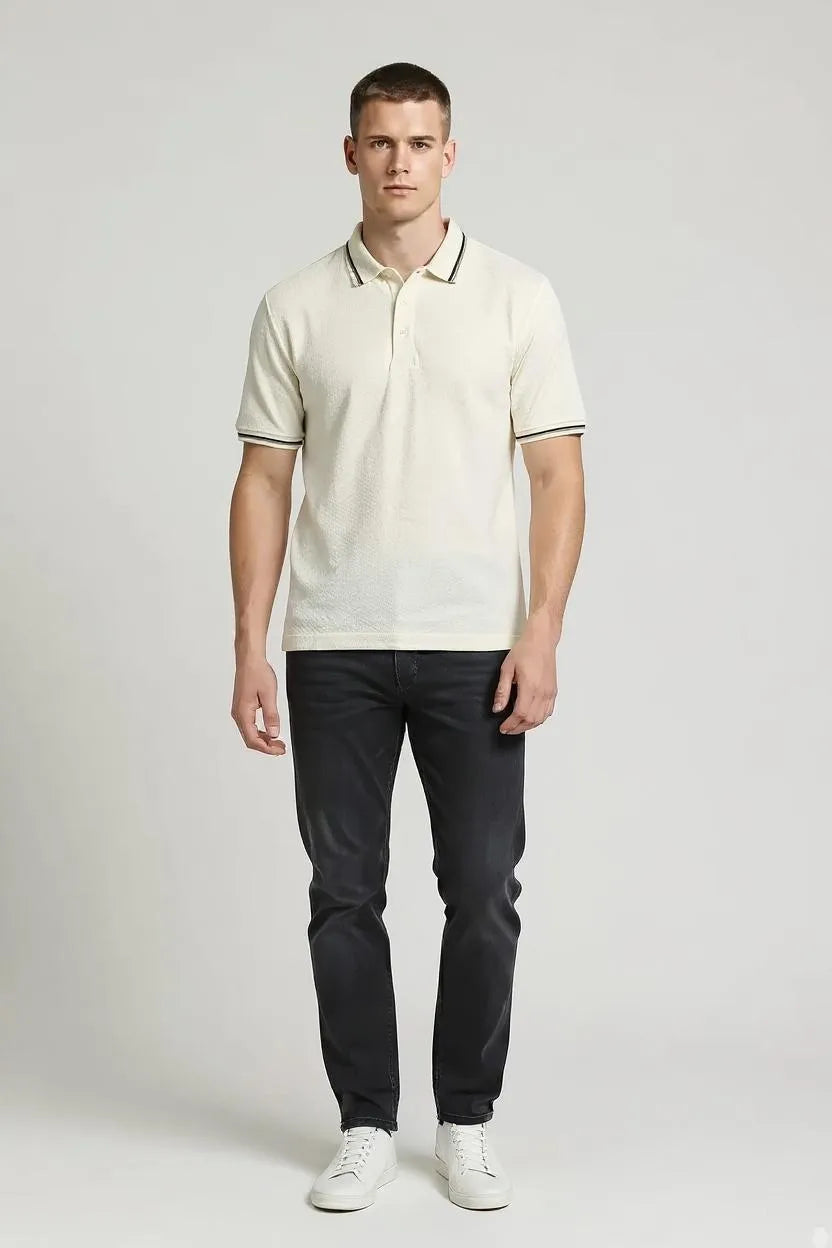 Men Off White Polo Collar T-shirt