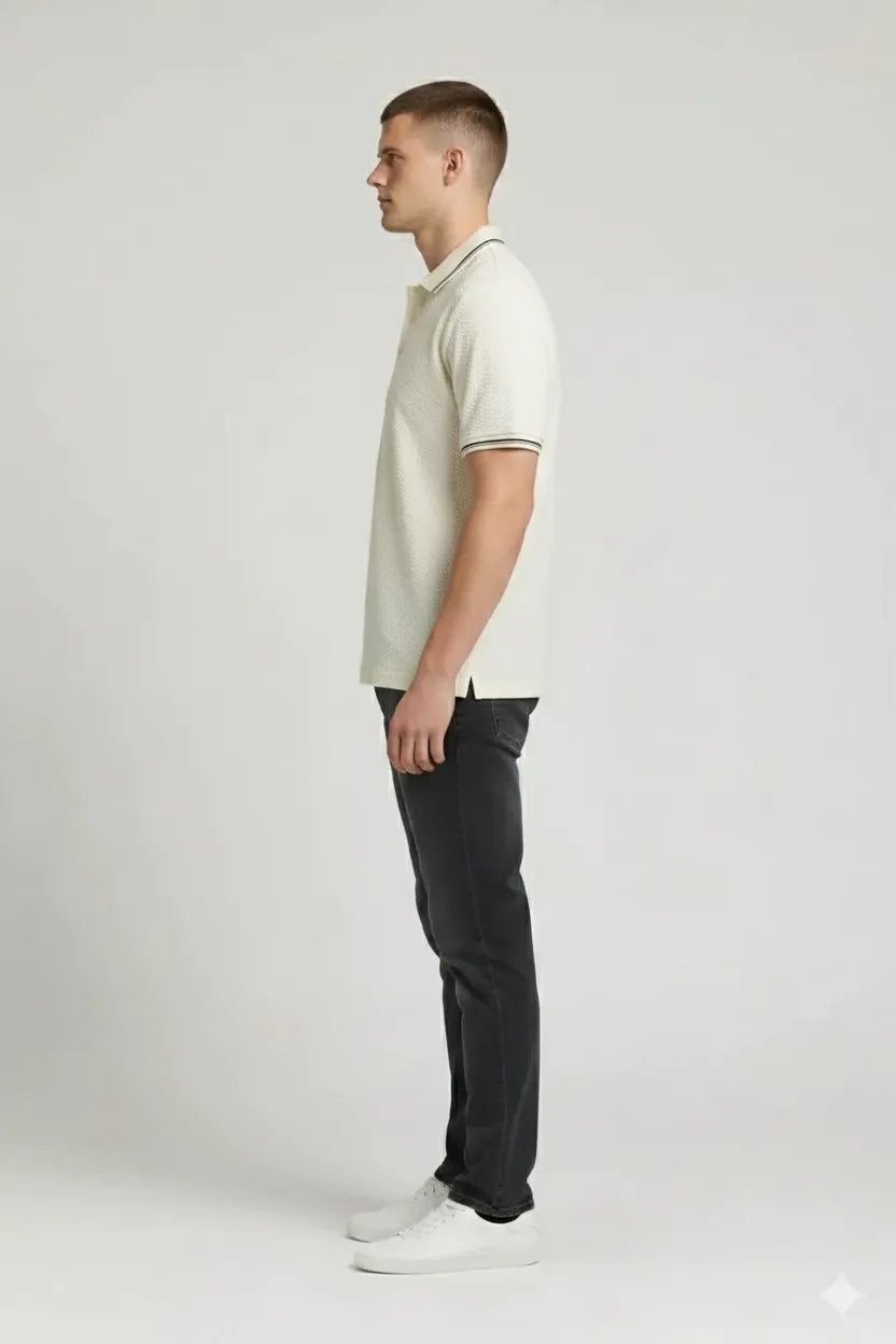 Men Off White Polo Collar T-shirt