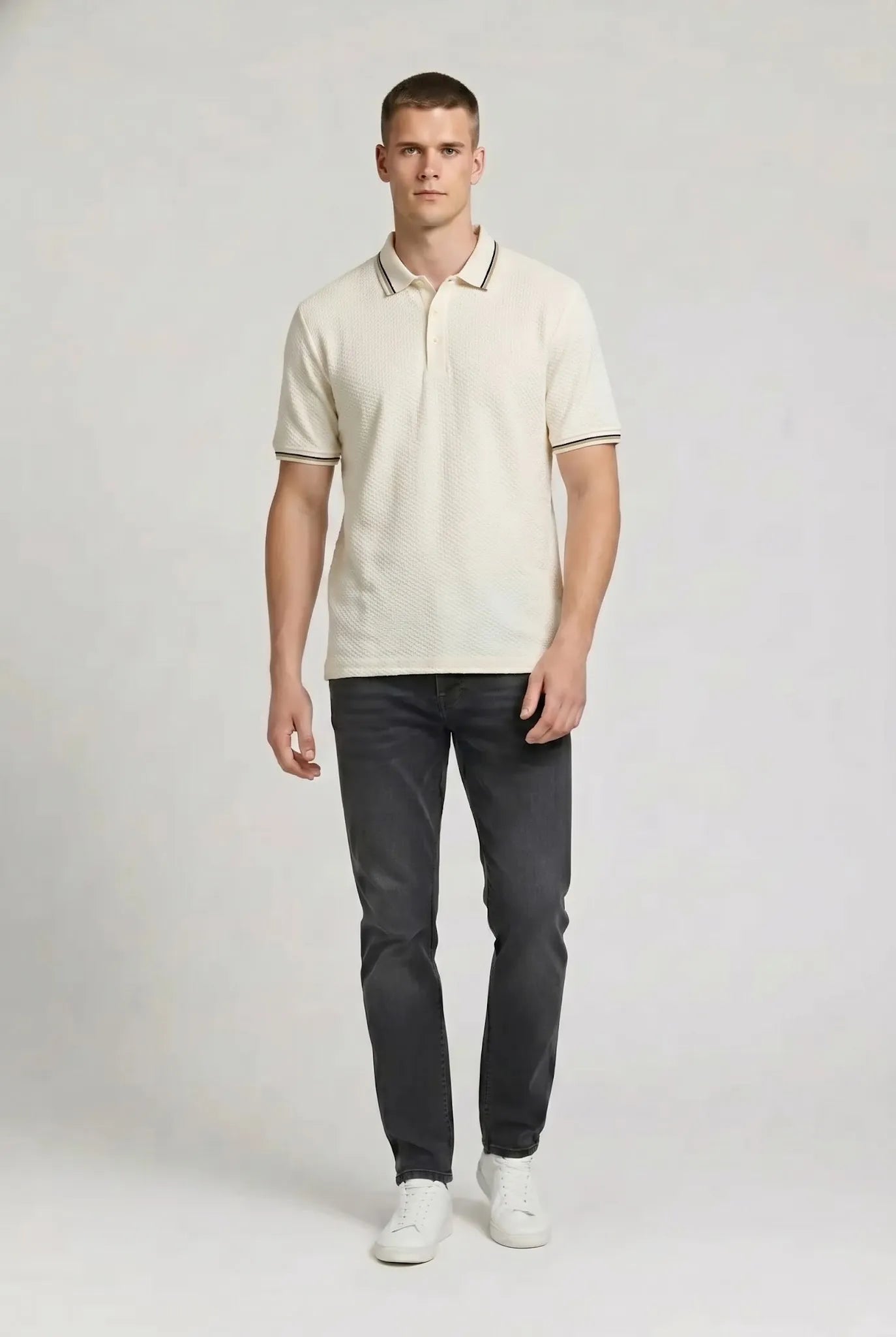 Men Off White Polo Collar T-shirt