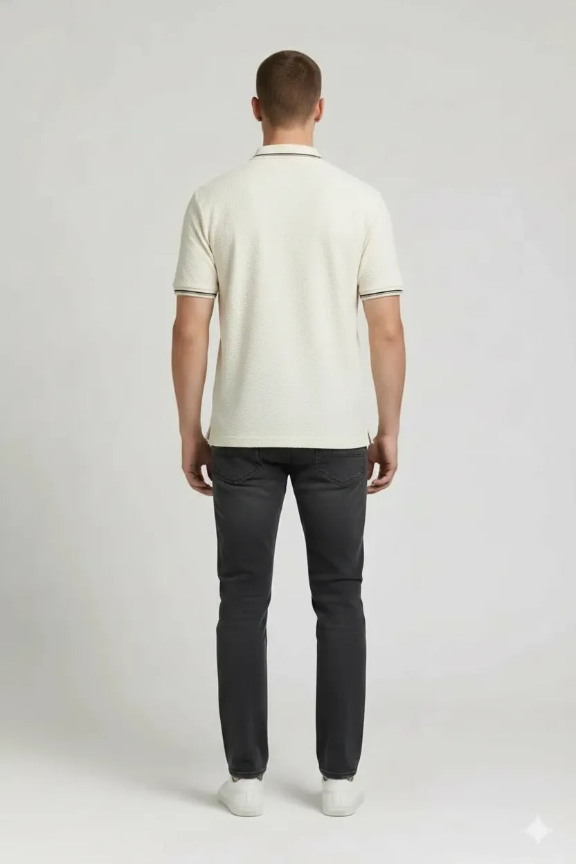 Men Off White Polo Collar T-shirt