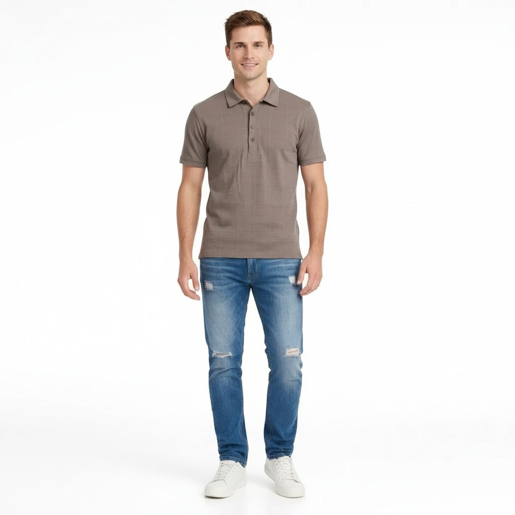 Octave Men Wood Checked Polo Collar T-shirt
