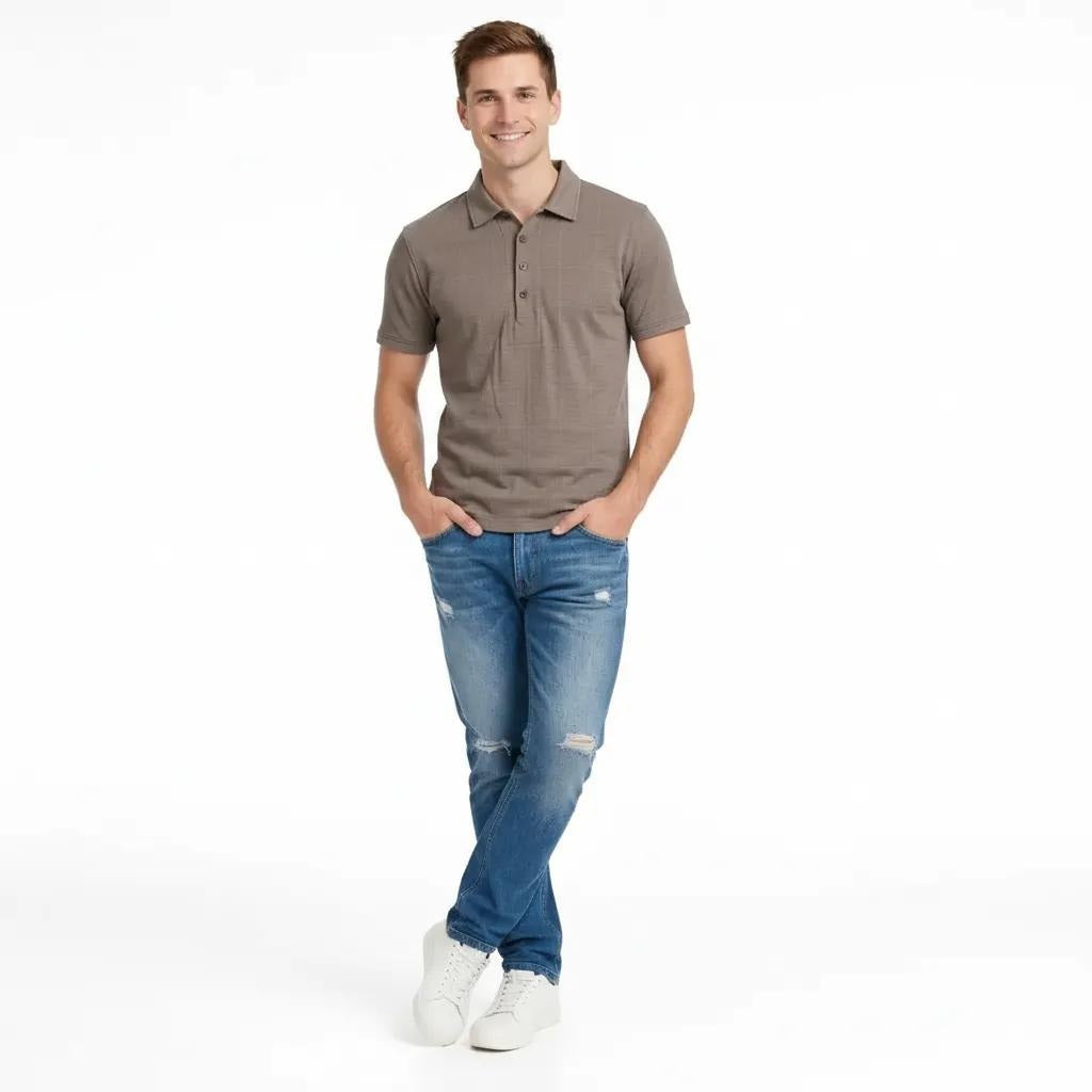 Octave Men Wood Checked Polo Collar T-shirt