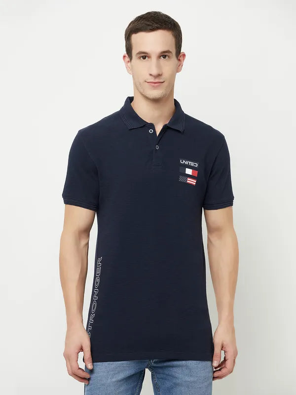 Octave Men Navy Blue Polo Collar Applique T-Shirt