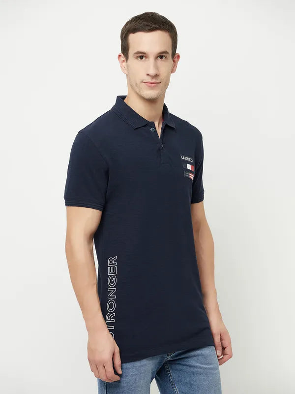 Octave Men Navy Blue Polo Collar Applique T-Shirt